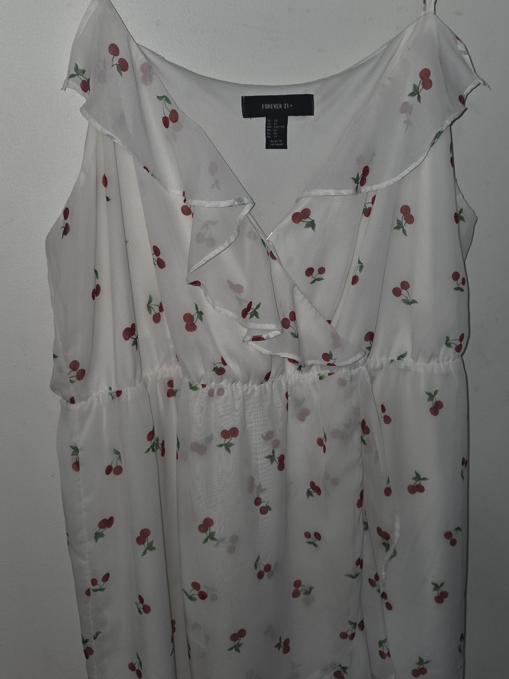 Forever 21 White Cherry-Print Ruffle V-Neck Mini Dress